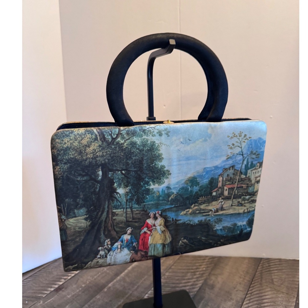 Tano of Madrid Satin Handbag Multicolor Pastoral Scene Vintage Purse USA